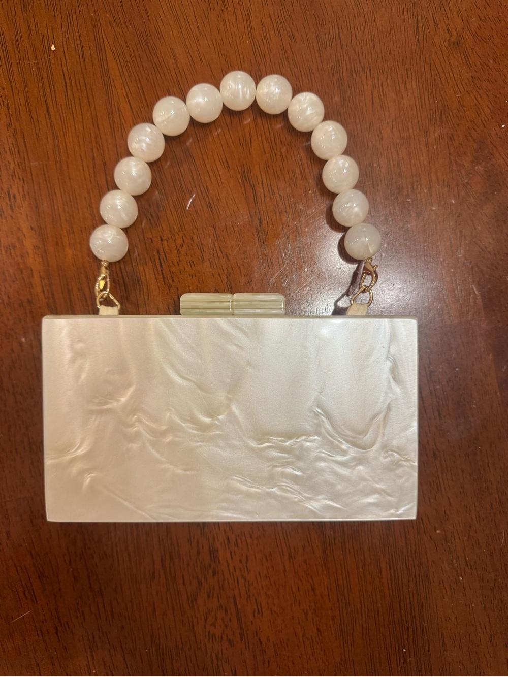 “A New Day”Pearl White Beaded Handle Clutch Handbag